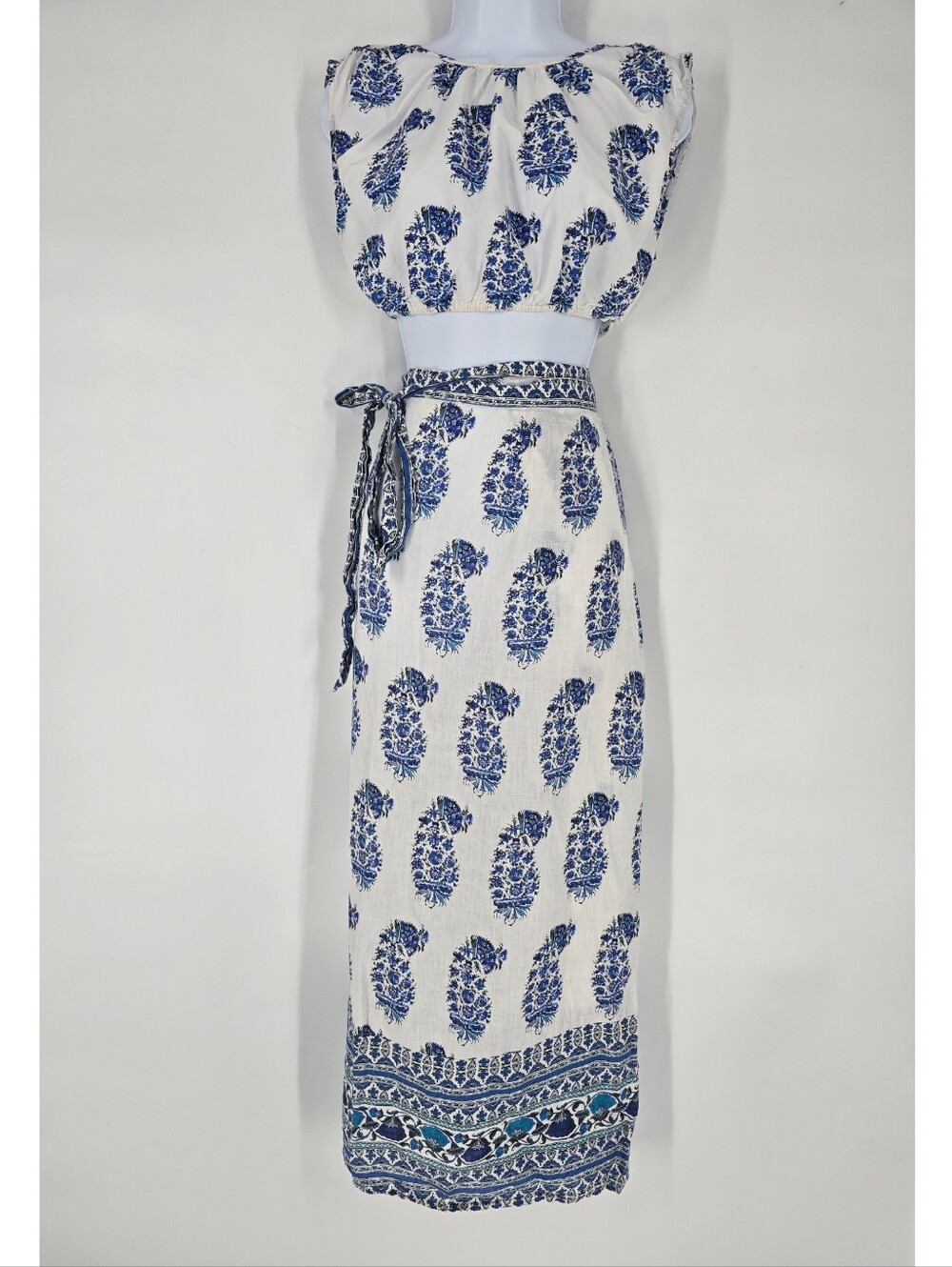 Boteh Mar Paisley Blue White Crop Top Wrap Skirt Set Size 2